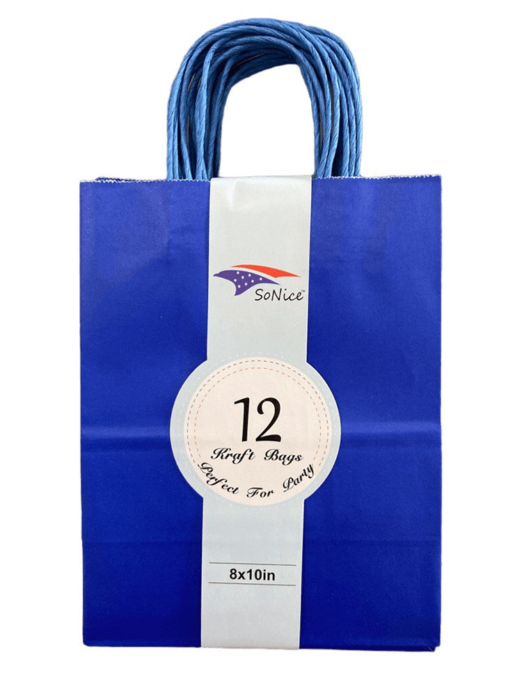 Royal blue 8x10 inch craft bag with twisted handles, 12 pieces, paper material.