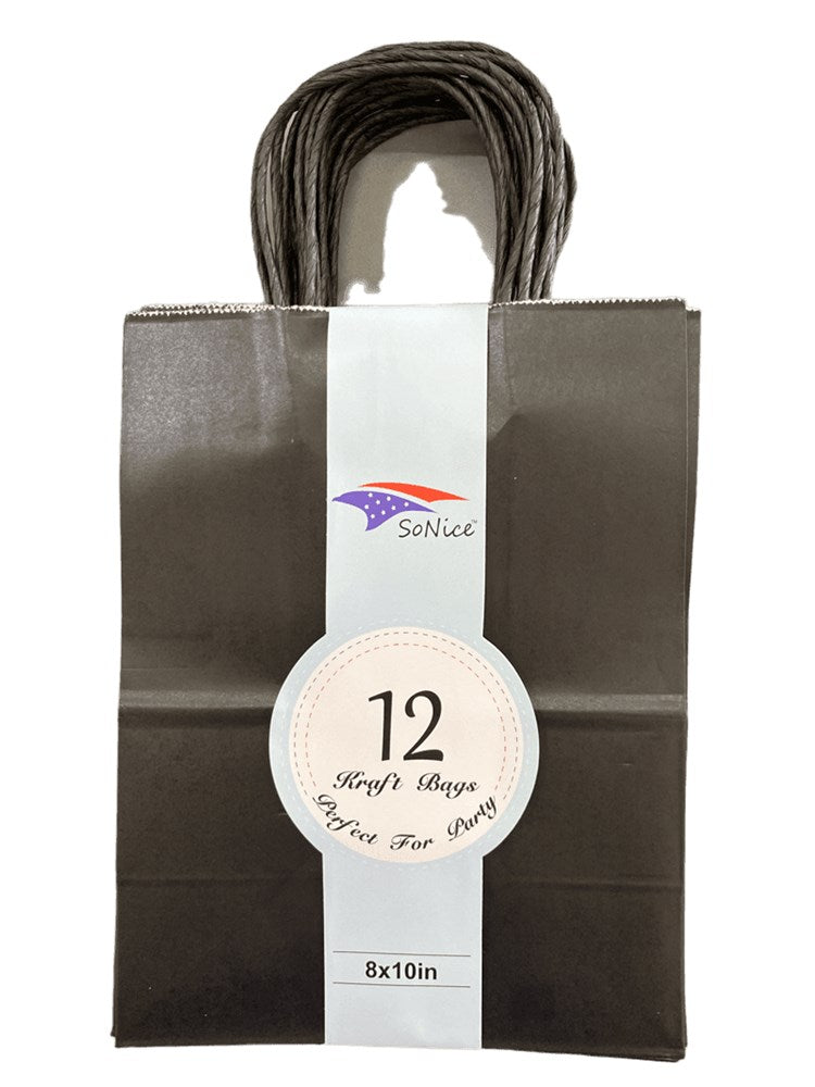 Black 8x10 inch craft bag with twisted handles, pack of 12, simple solid design.
