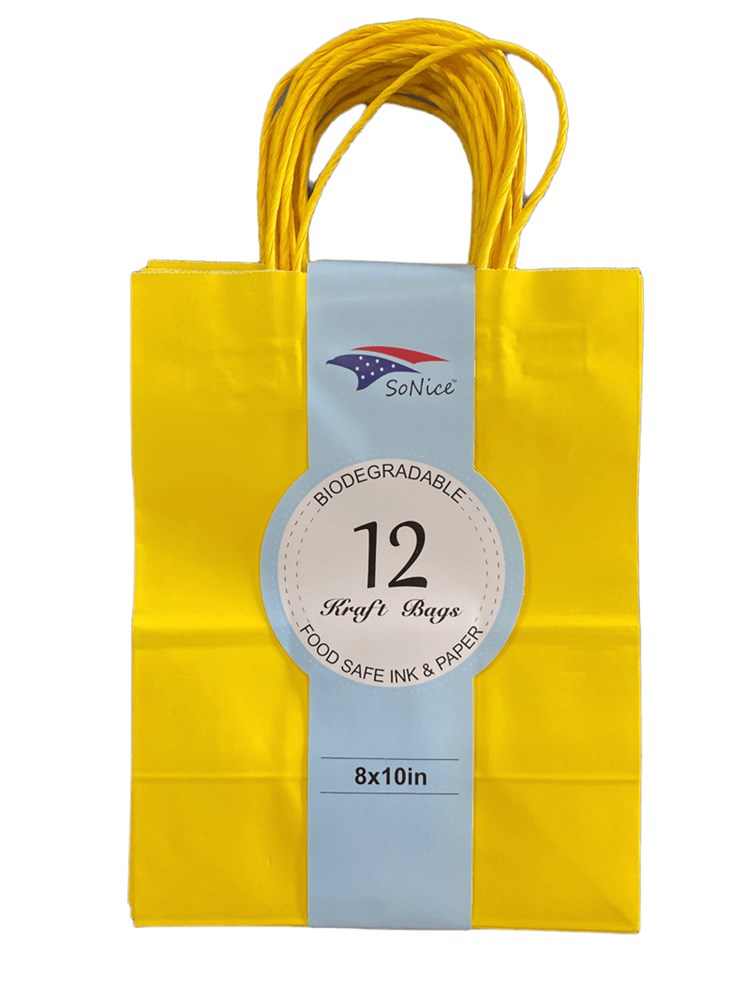 Bright yellow paper craft bag with twisted handles, 8x10 inches, packaged in a set of 12.
