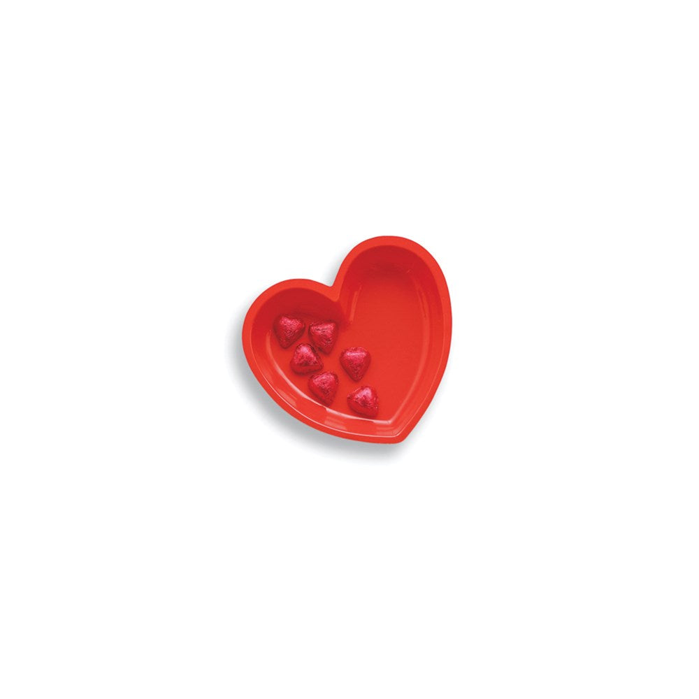 Red plastic heart-shaped serving tray with small heart-shaped compartments on one side.