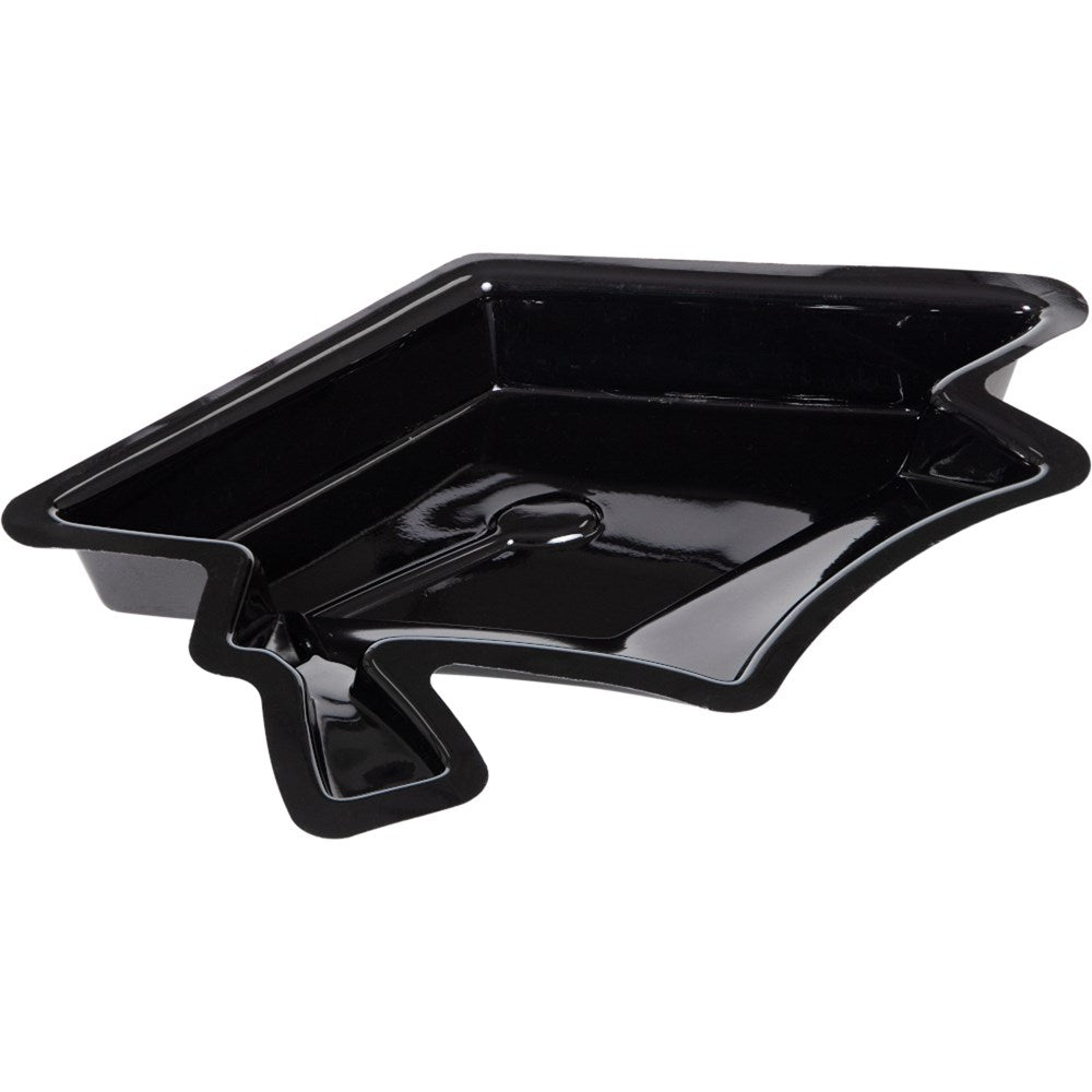 Black plastic serving tray shaped like a graduation mortarboard cap with a tassel detail.