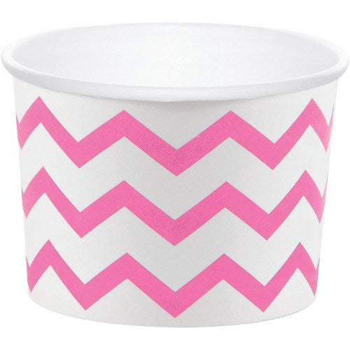 White paper treat cup with bright pink chevron stripes and a smooth rim.