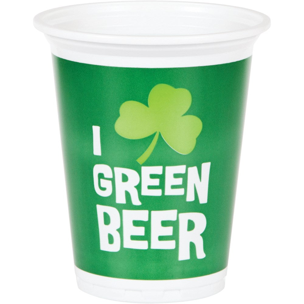 Green plastic 16oz cup with shamrock and white "I Green Beer" text for St Patrick’s Day.