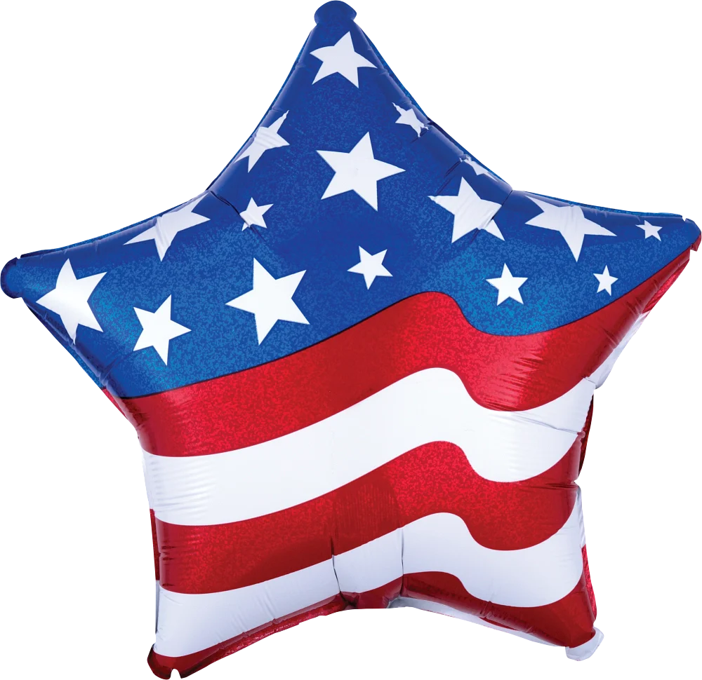 Star-shaped foil balloon with blue background and white stars, red and white stripes like the American flag.