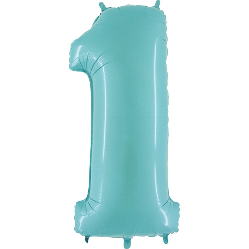 Pastel blue jumbo foil balloon shaped like the number 1, 40 inches tall.