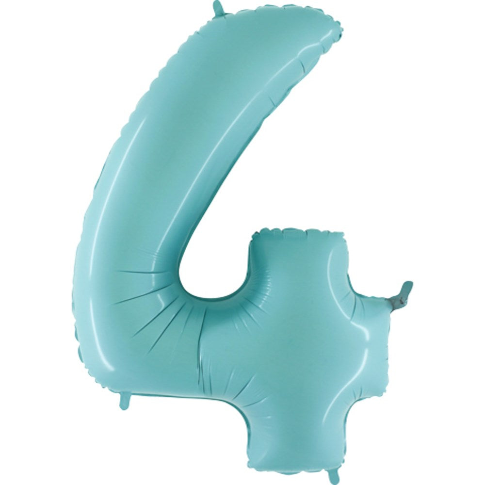 Pastel blue foil balloon shaped as the number 4 with a shiny surface and inflated seams visible.