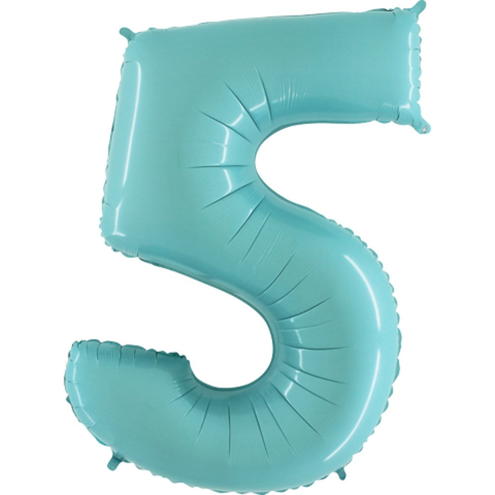 Pastel blue foil balloon shaped as the number 5, 40-inch jumbo size.