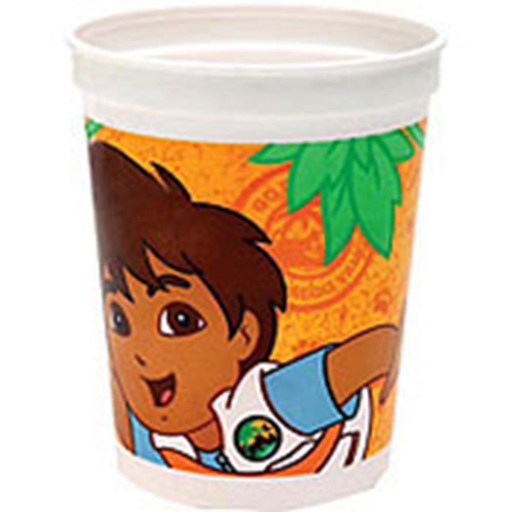 16oz white plastic cup featuring animated character Diego with orange and green jungle-themed background.