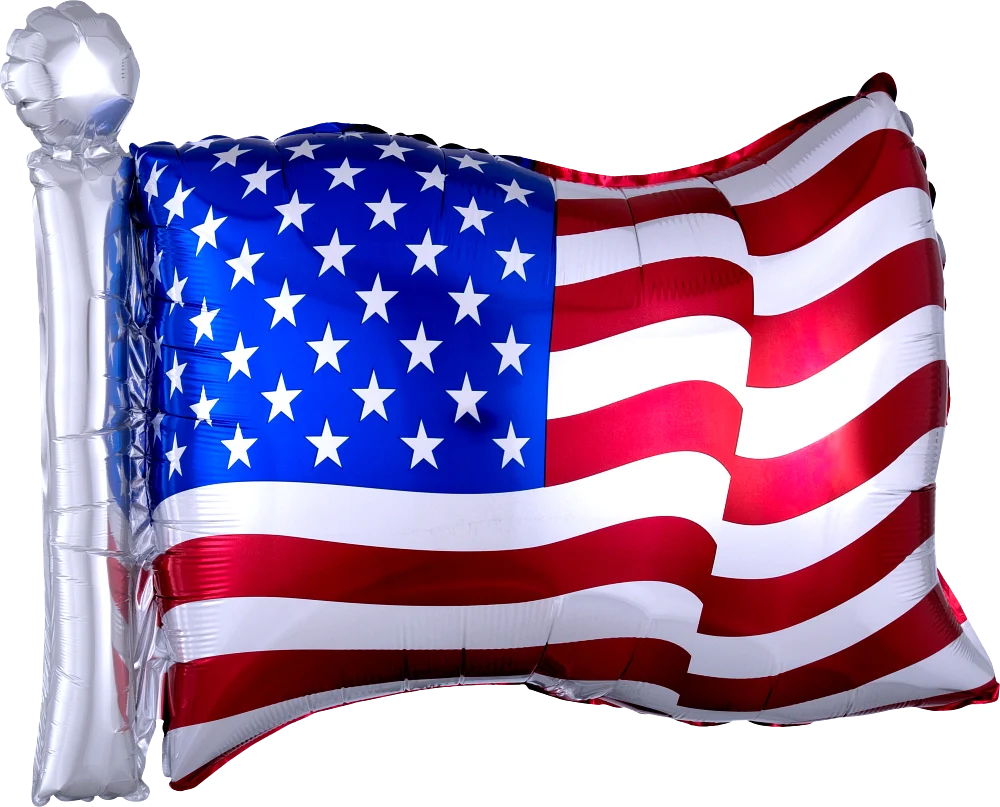 27-inch foil balloon shaped like the American flag with red, white stripes and blue stars.
