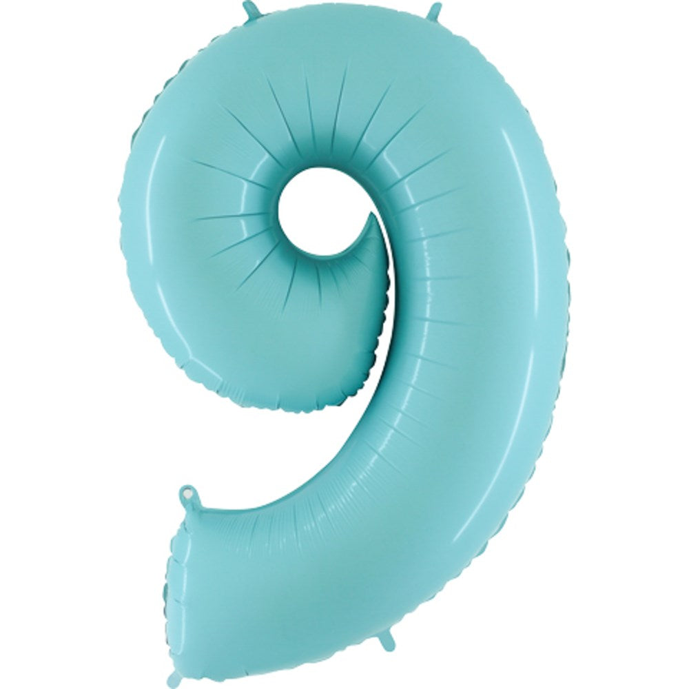 Pastel blue foil balloon shaped as the number nine, 40 inches tall, shiny surface.