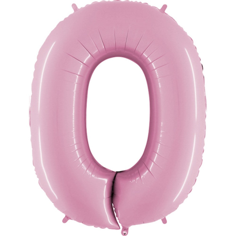 Pastel pink foil balloon shaped as the number zero with a glossy finish, 40 inches tall.