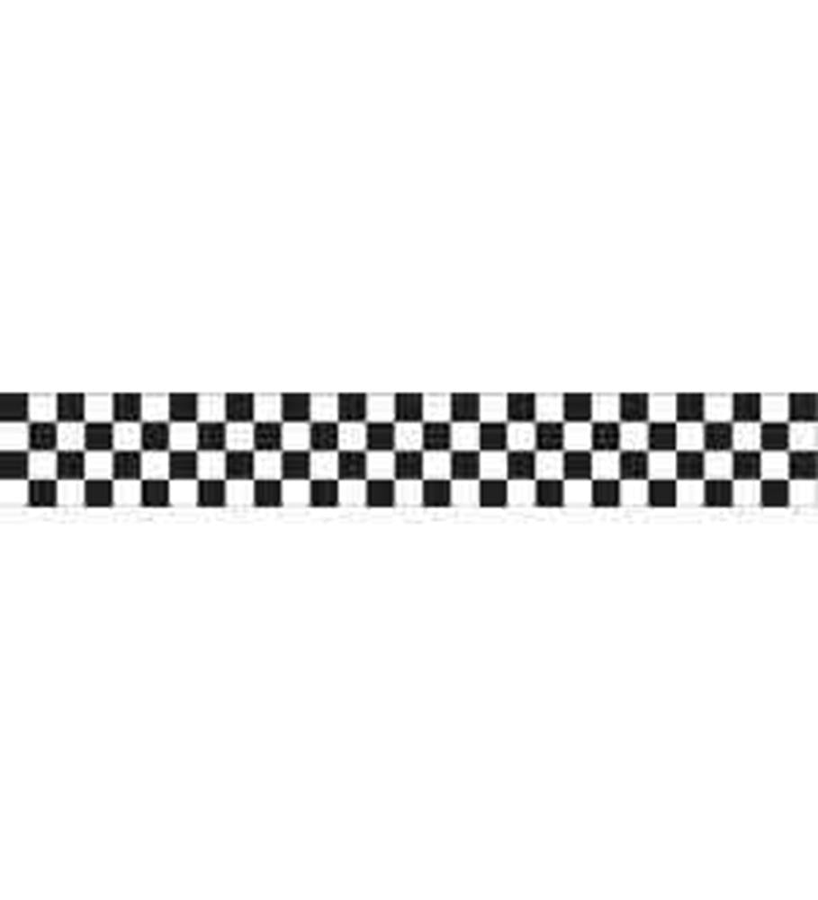 Black and white checker patterned crepe paper streamer with alternating squares design.