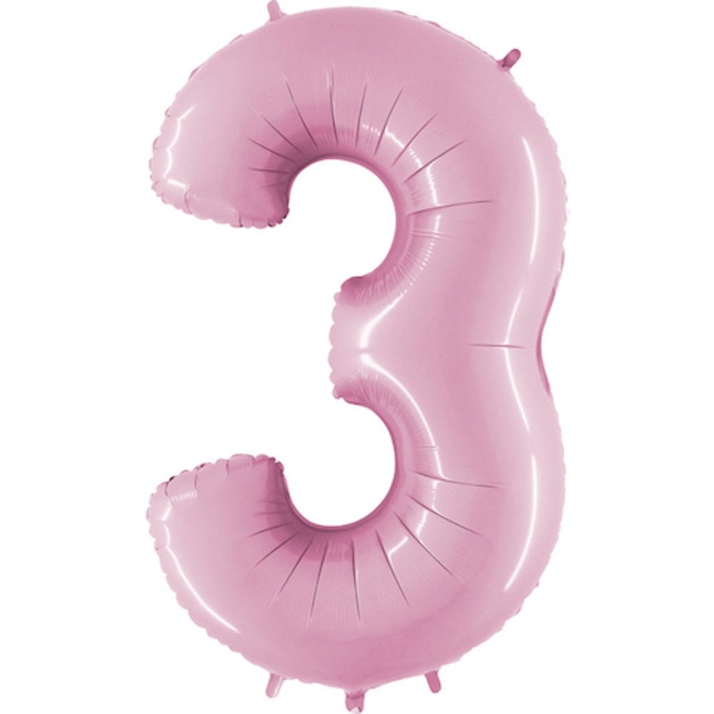 Pastel pink foil balloon shaped as the number 3, 40 inches tall, glossy finish.