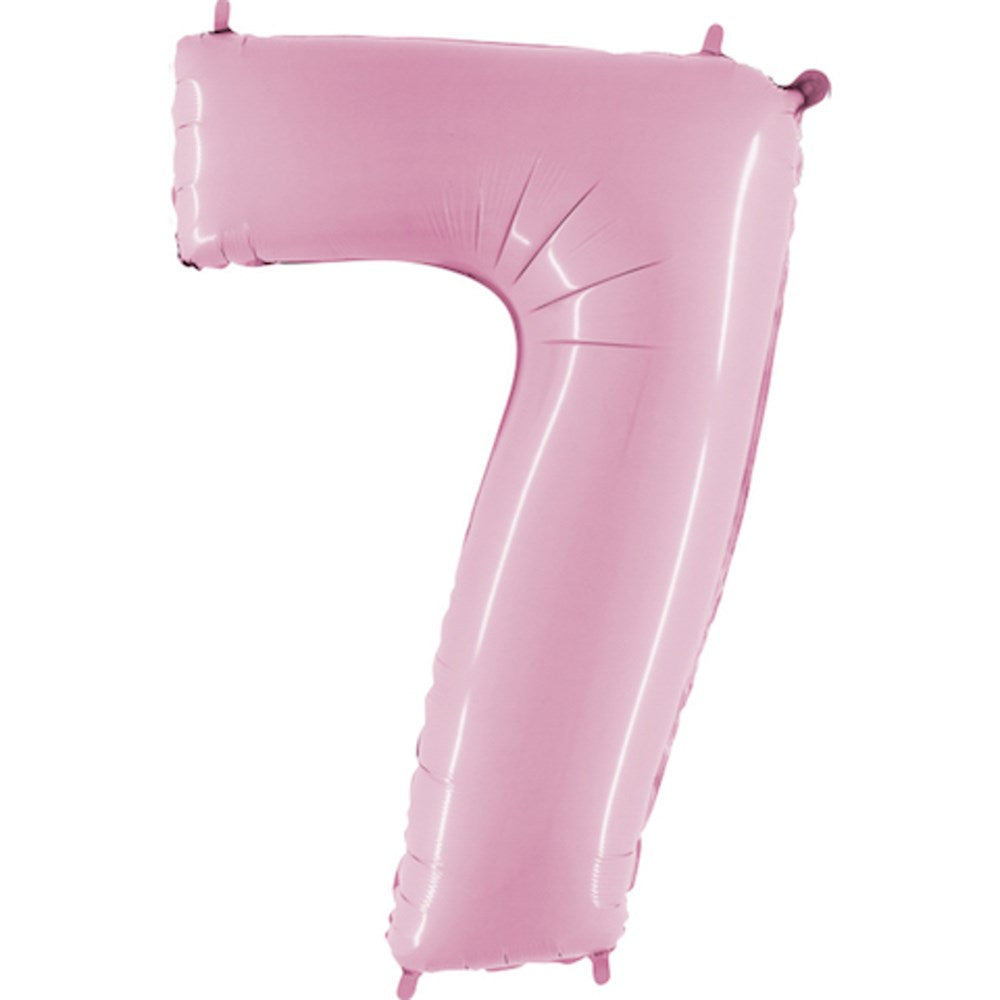 Pastel pink jumbo foil balloon shaped as the number 7, glossy finish, 40 inches tall.