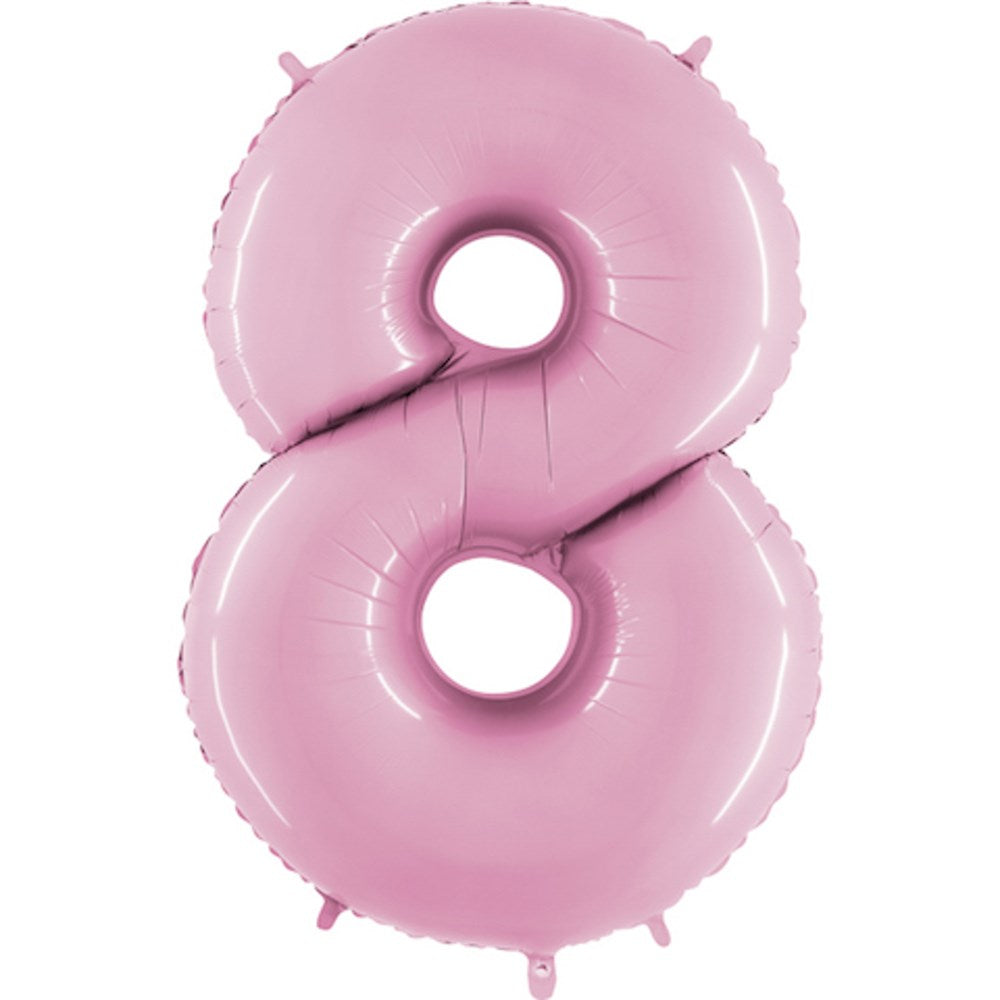Pastel pink jumbo foil balloon shaped as the number 8, 40 inches tall, glossy finish.
