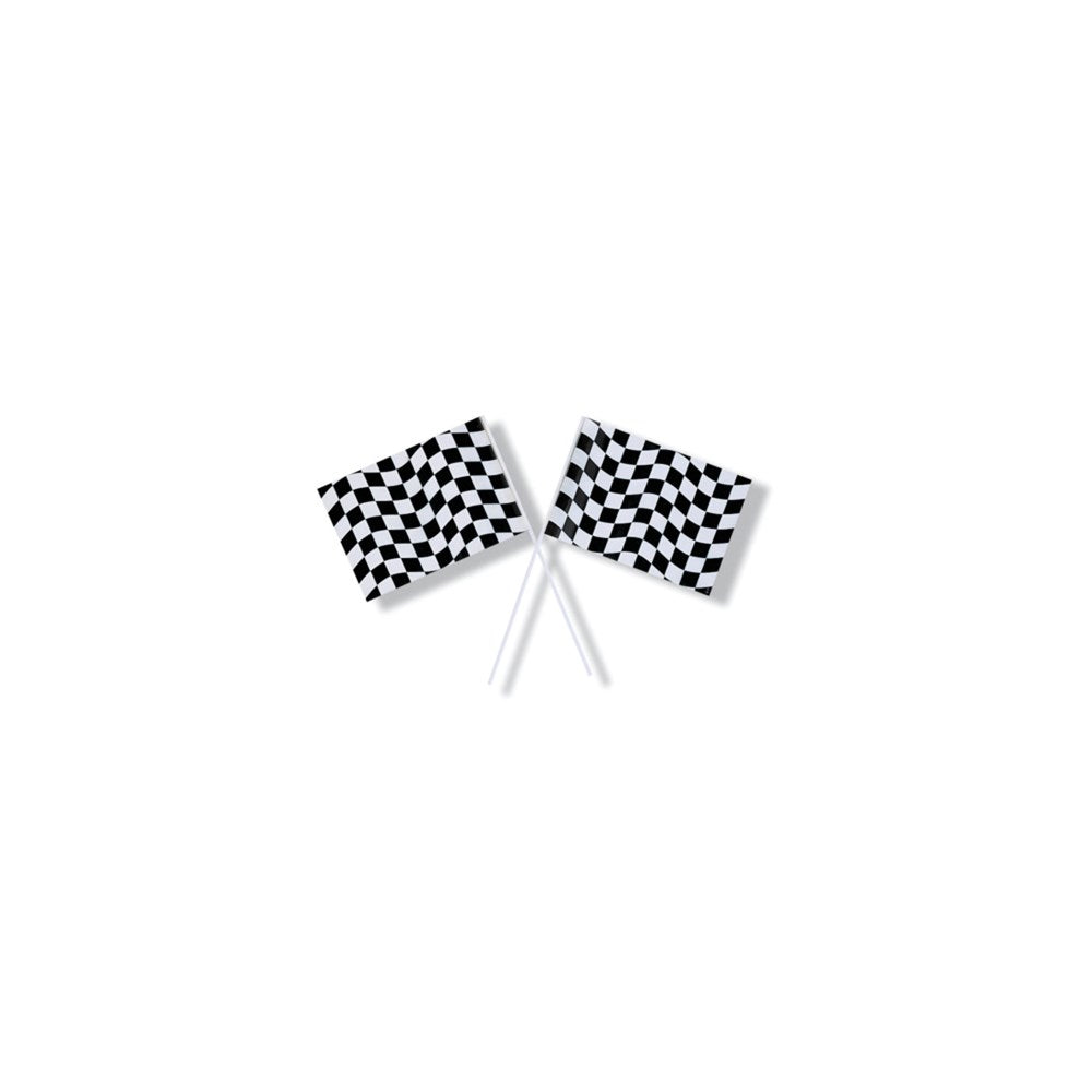 Two small black and white checkered flags on white sticks crossed on a white background.