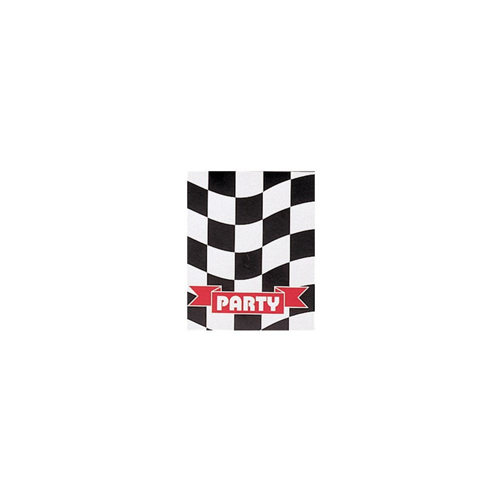 Black and white checkered foldover invitation card with red "Party" banner on front.