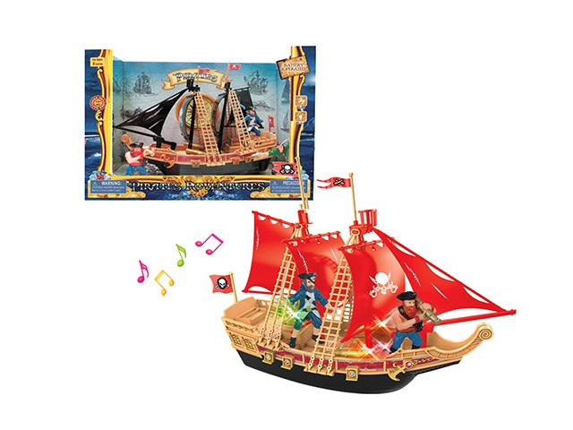 Red-sailed pirate ship playset with detailed wooden hull and two pirate figurines onboard.