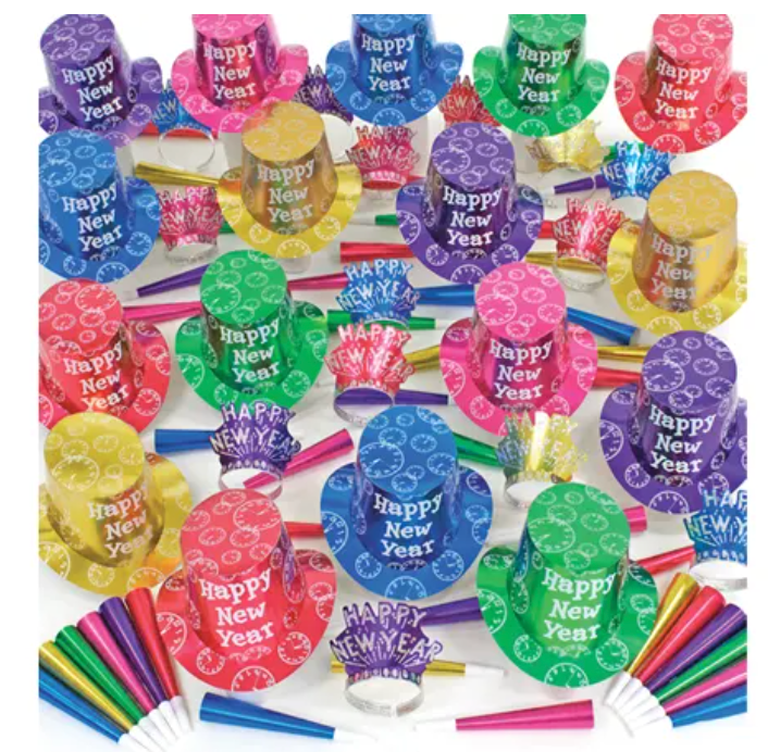 Colorful party blowers and noise makers in star and top hat shapes, featuring "Happy New Year" text in rainbow colors on a.