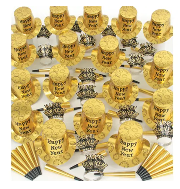 Gold "Happy New Year" party hats, black and gold noise makers, gold plates, gold and silver star-shaped confetti, and gold.