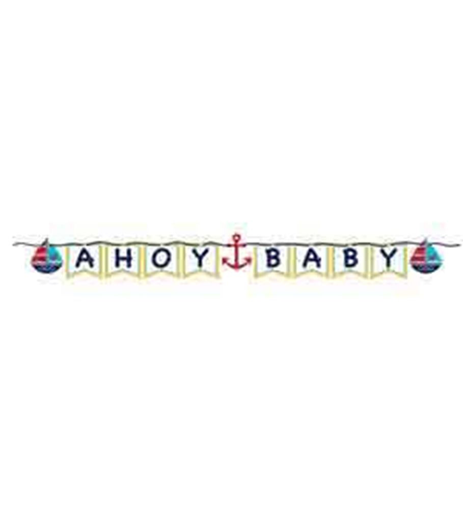 Nautical-themed baby shower banner with navy and yellow flags, red anchor, and sailboat accents.