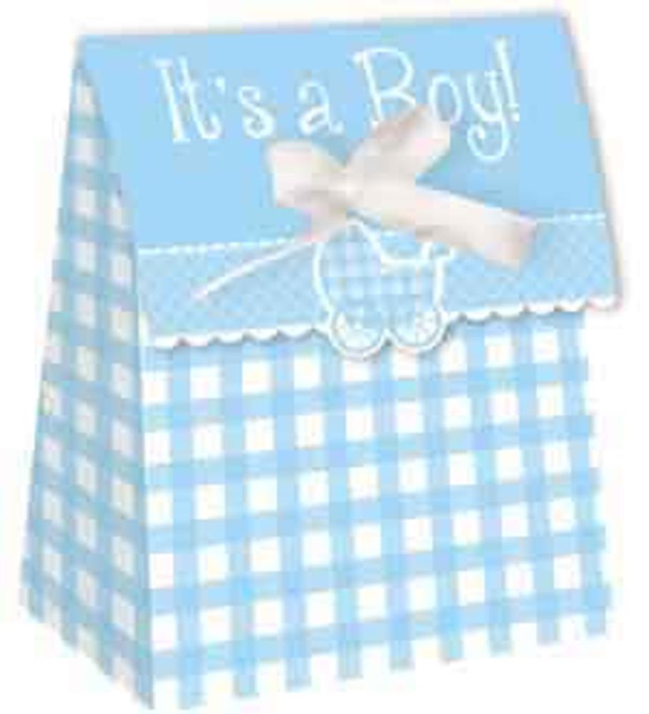 Blue and white gingham favor bag with scalloped edge, white ribbon, and "It's a Boy!" text.