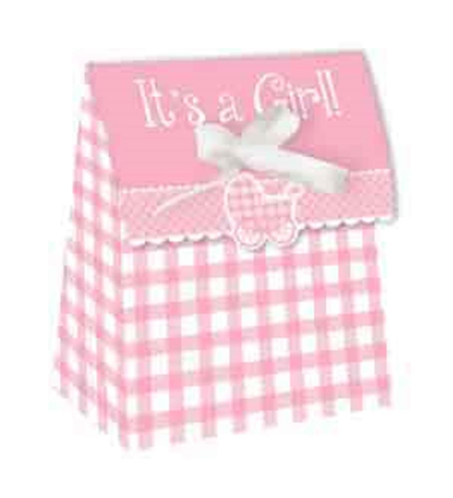 Pink and white gingham favor bag with scalloped flap, white bow, and "It's a Girl!" text.
