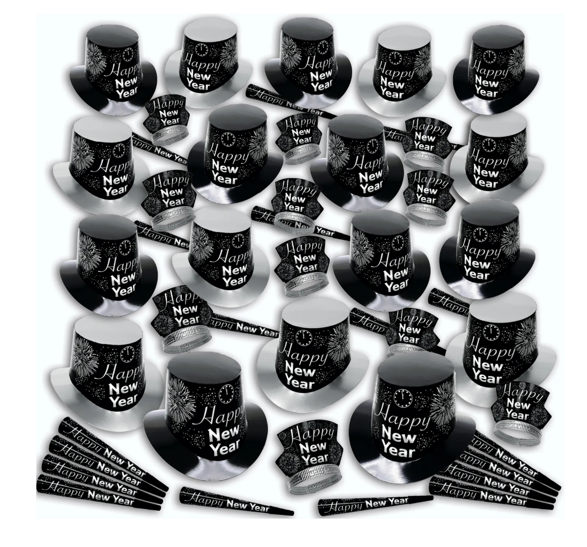 Black top hats with silver "Happy New Year" text, matching noise makers and blowouts arranged for party set.