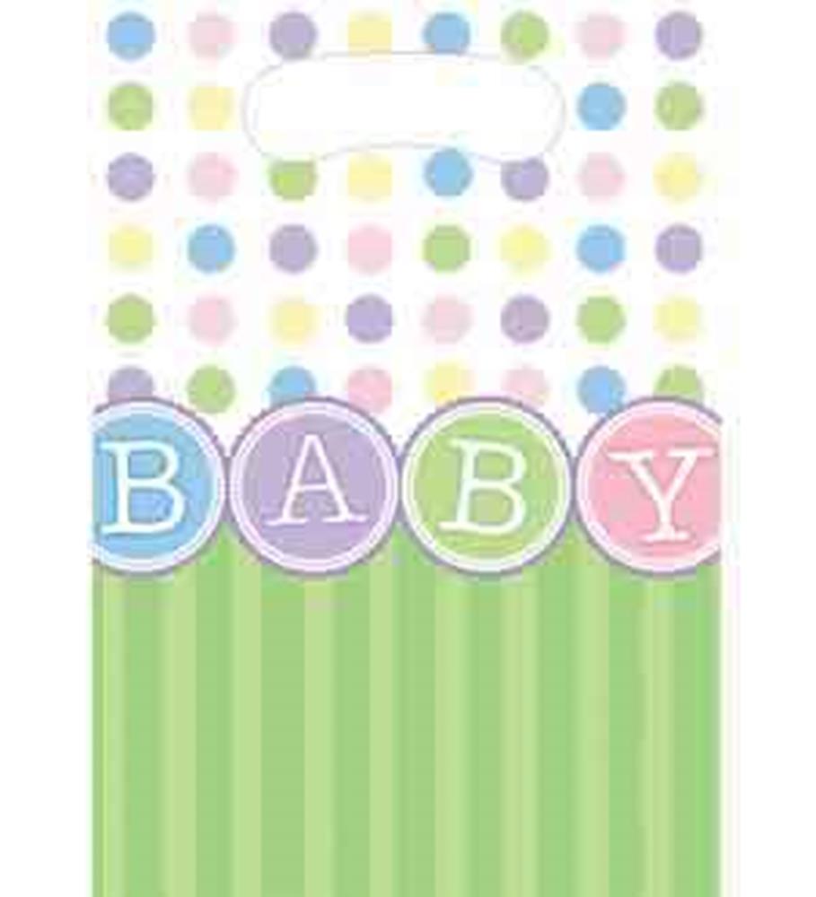 Green striped loot bag with pastel polka dot top and circles spelling BABY in blue, purple, green, and pink.