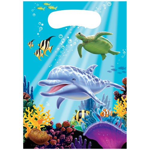 Bright blue plastic loot bag with underwater scene featuring a smiling dolphin, green sea turtle, colorful fish, and coral.