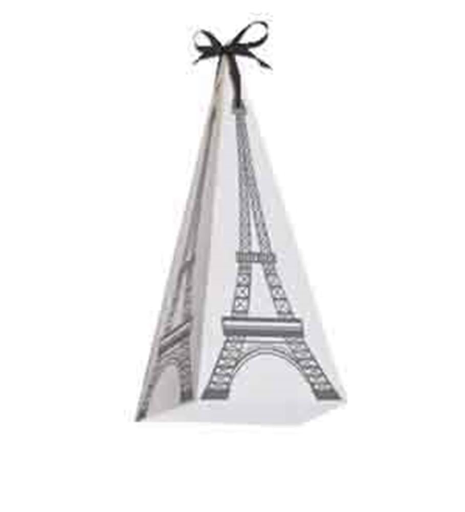 White triangular favor box with black Eiffel Tower prints and black ribbon topper.