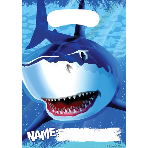 Blue and white plastic loot bag with fierce shark face and open mouth, includes name label area.