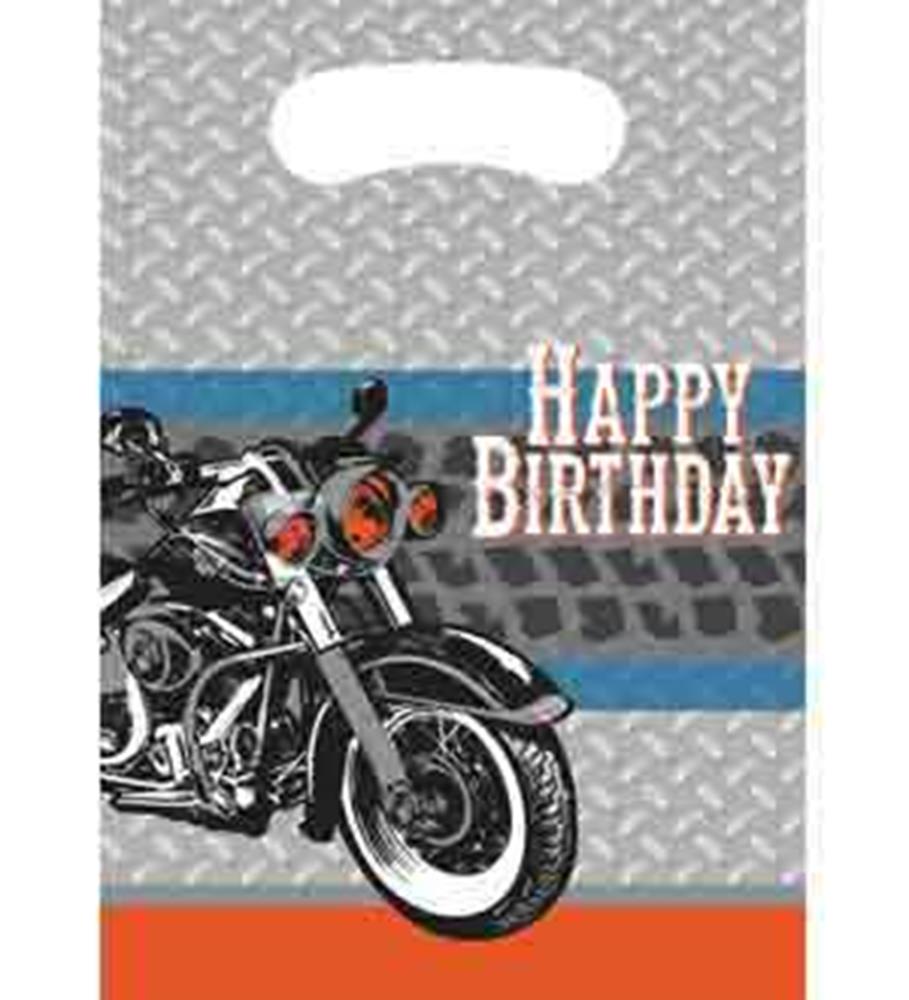 Gray and blue plastic loot bag with black motorcycle graphic and "Happy Birthday" text in white and orange.