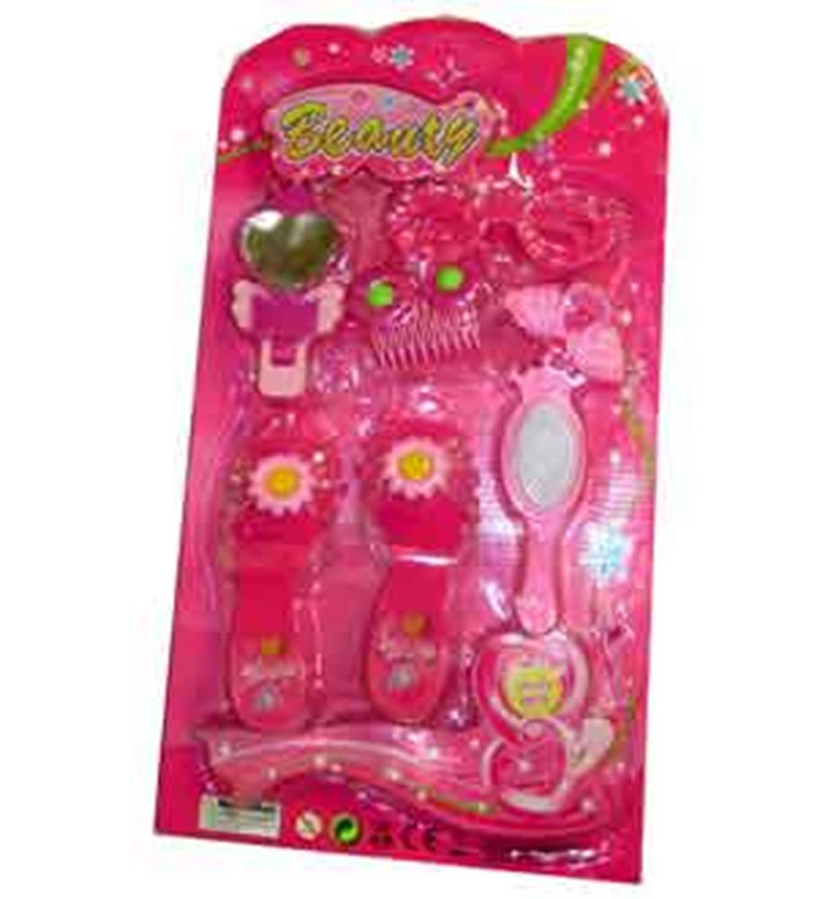Pink beauty set with toy shoes featuring flower decorations, comb, mirror, hair clips, and heart-shaped accessories in.