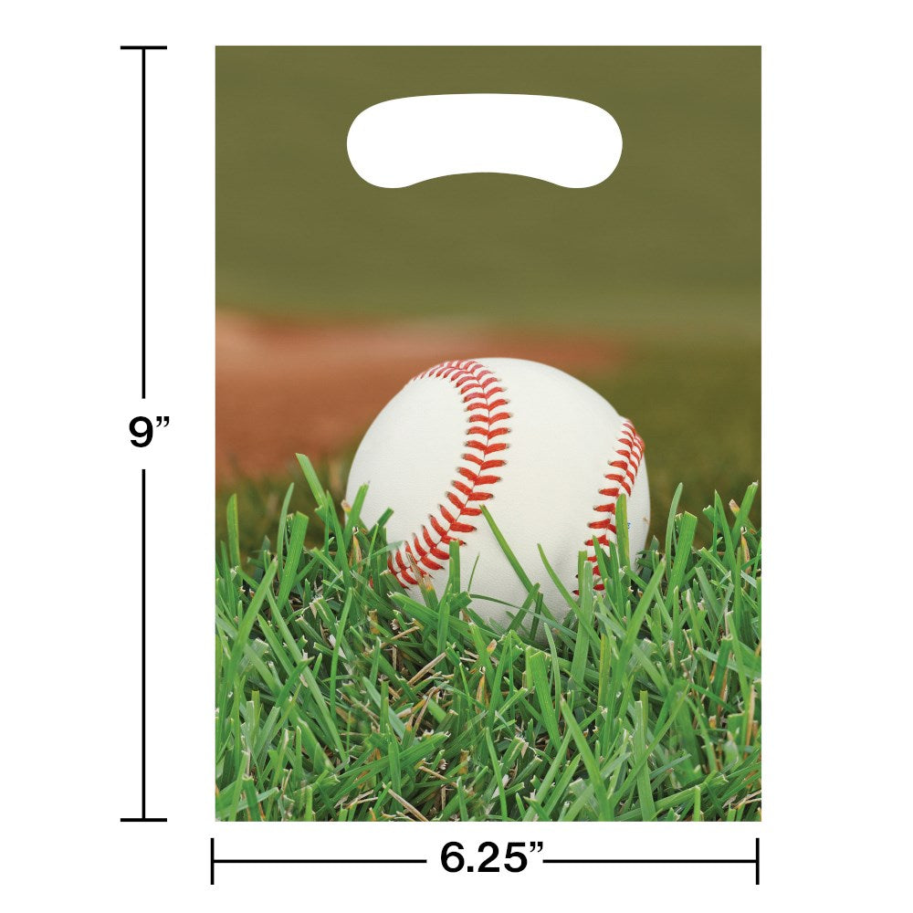 Green loot bag with a baseball on grass design, die-cut handle, measuring 9 by 6.25 inches.