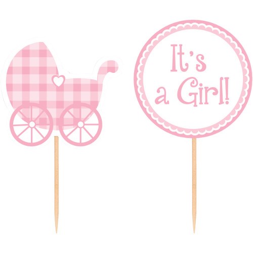 Pink gingham baby carriage and round "It's a Girl!" cupcake picks with scalloped edges, wooden sticks.