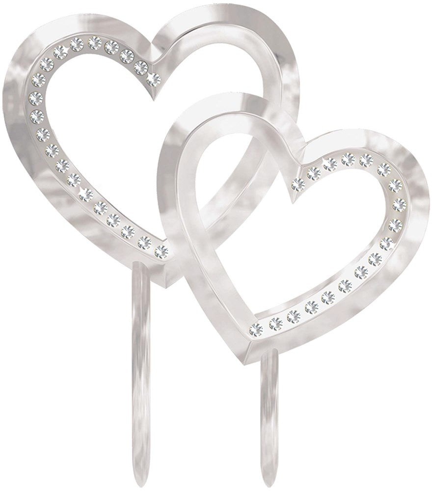 Silver double heart cake topper with embedded clear rhinestones on each heart outline.