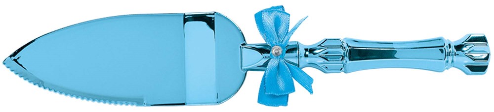 Blue metallic cake server with scalloped edge and decorative bow on handle for baby shower.