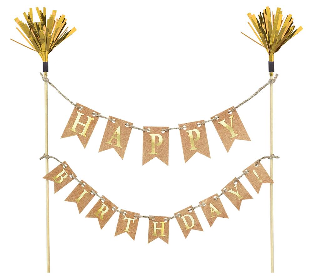 Gold "Happy Birthday" banner cake pick with glittery tassels on wooden sticks.