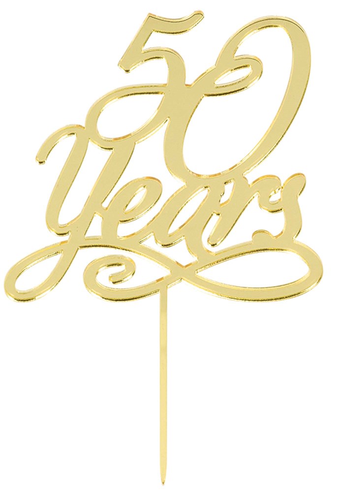 Gold glitter "50 Years" script cake topper with a single pointed stake for insertion.