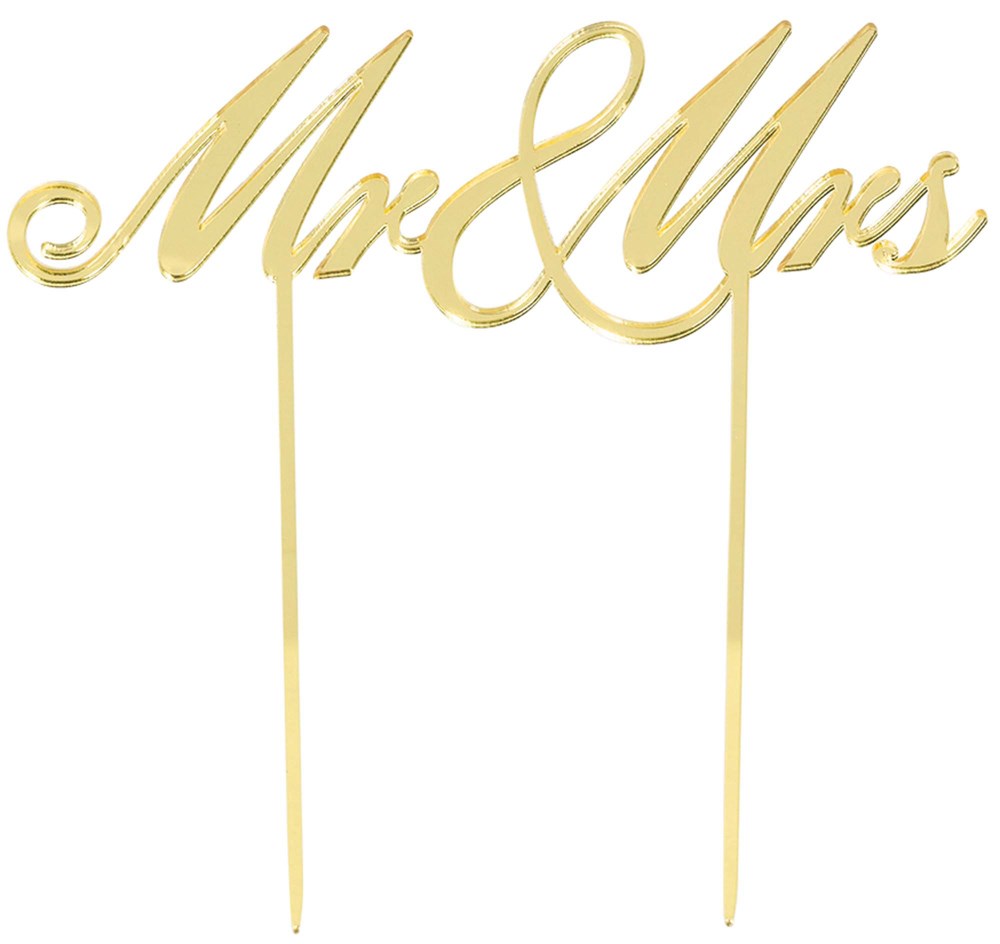 Gold script "Mr & Mrs" cake topper with two thin stakes for inserting into cake.