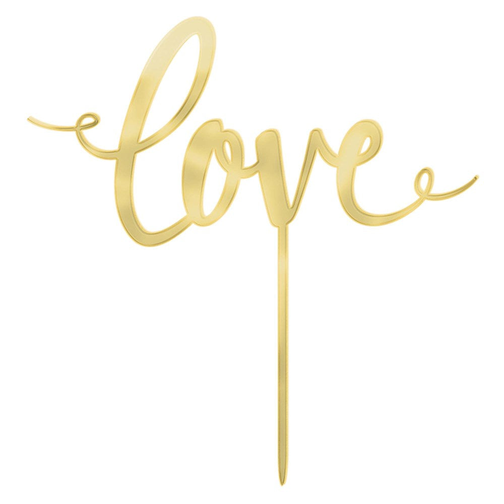 Gold metallic script "love" cake topper with elegant cursive lettering and a single pointed stake for insertion.