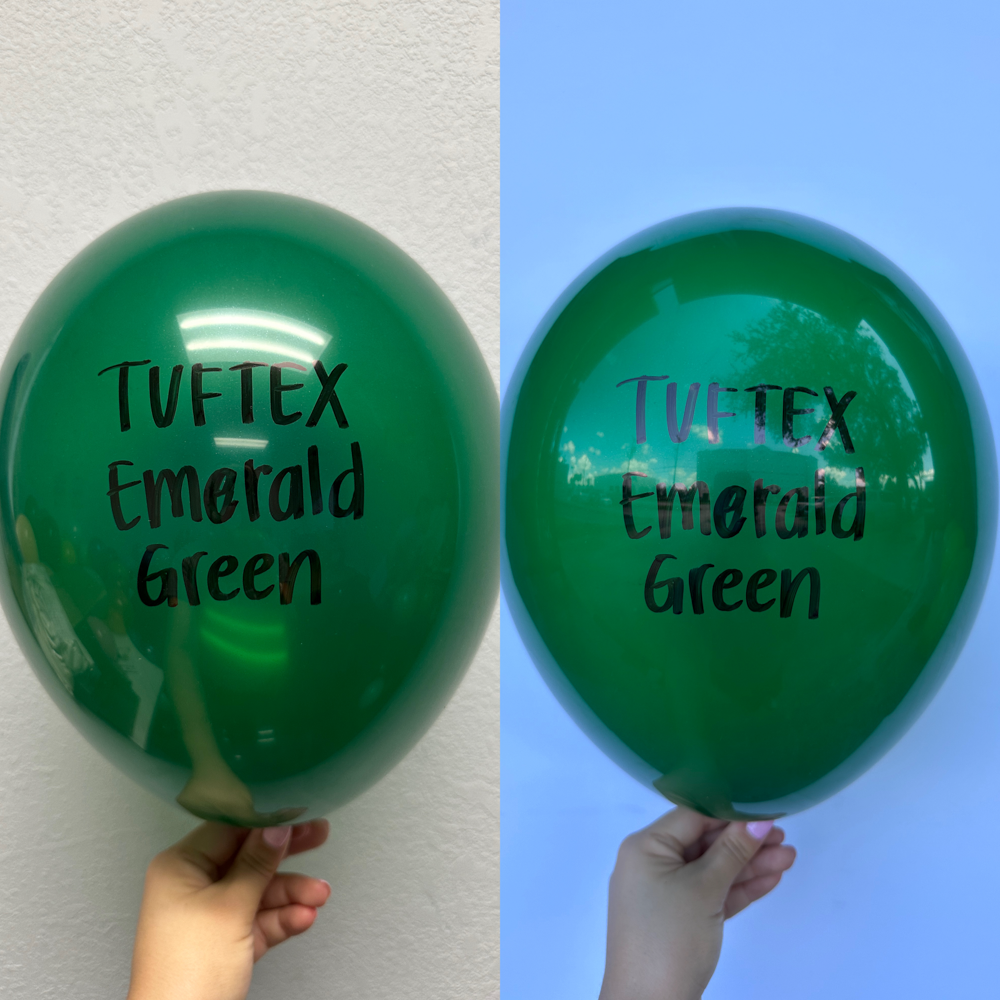 Shiny emerald green latex balloon, 11-inch round shape, inflated and reflective surface.