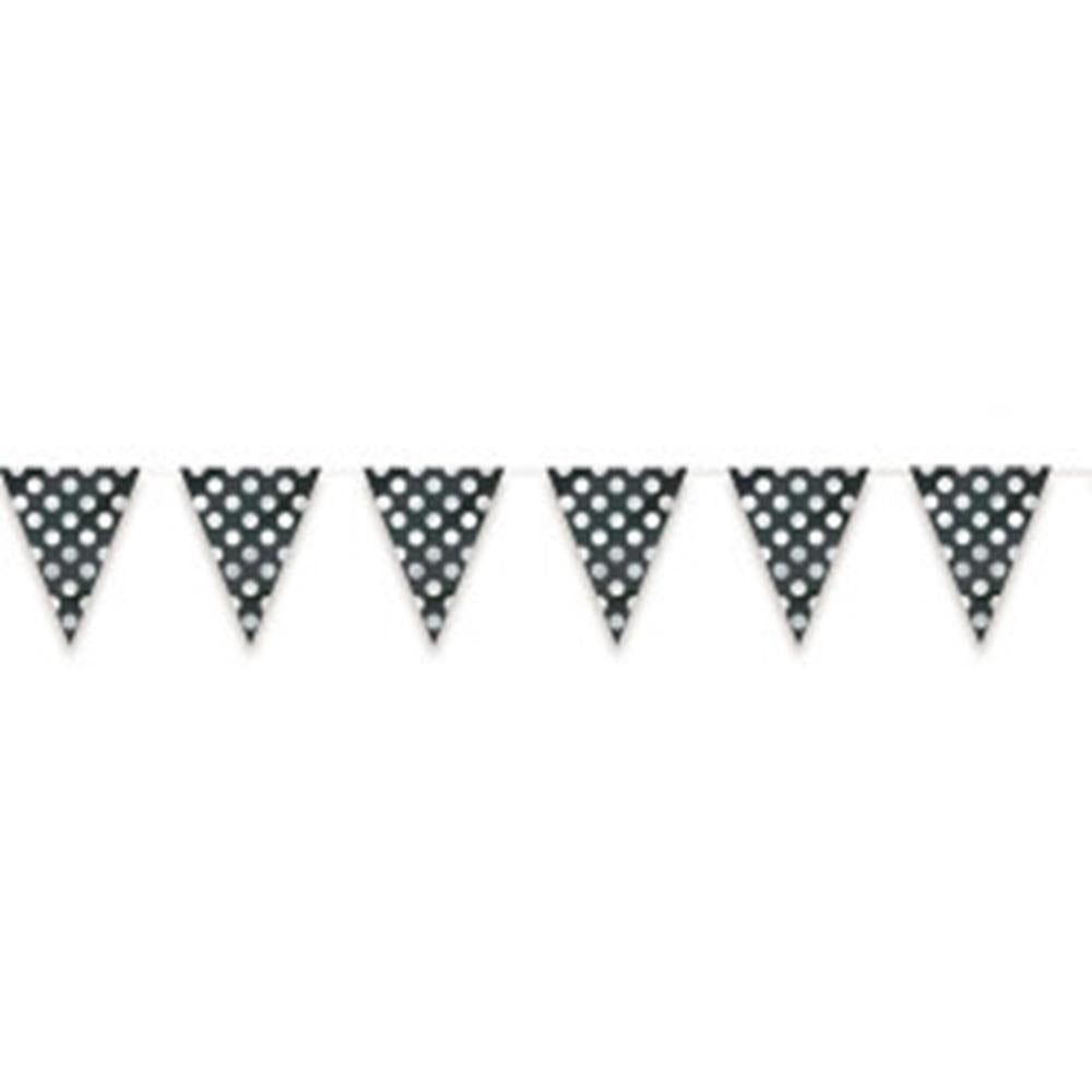 Black triangular flag banner with evenly spaced white polka dots on a string.