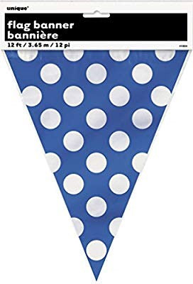Royal blue triangular flag banner with large white polka dots, 12 feet long.