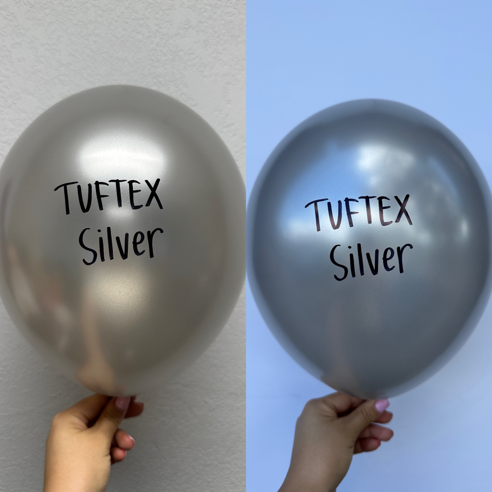 Two 11 inch metallic silver latex balloons held against plain backgrounds, one lighter and one darker shade of silver, both.