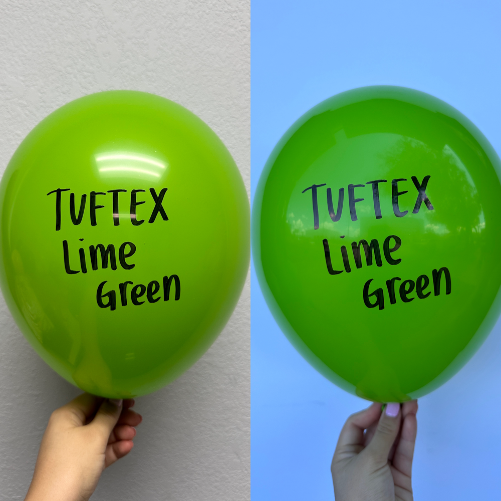 Bright lime green latex balloon with black "Tuftex Lime Green" text, round 11-inch shape.