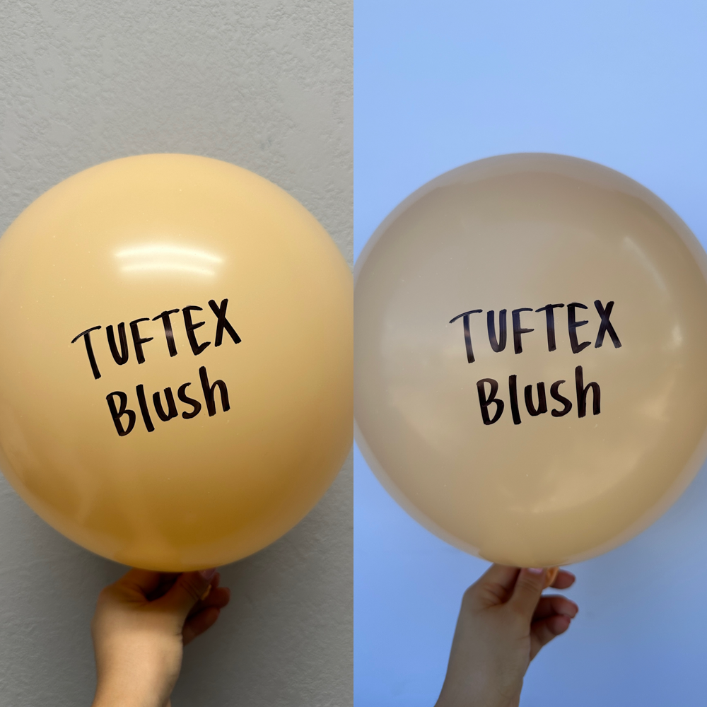 Round 11-inch blush-colored latex balloon with TUFTEX Blush printed in black font.