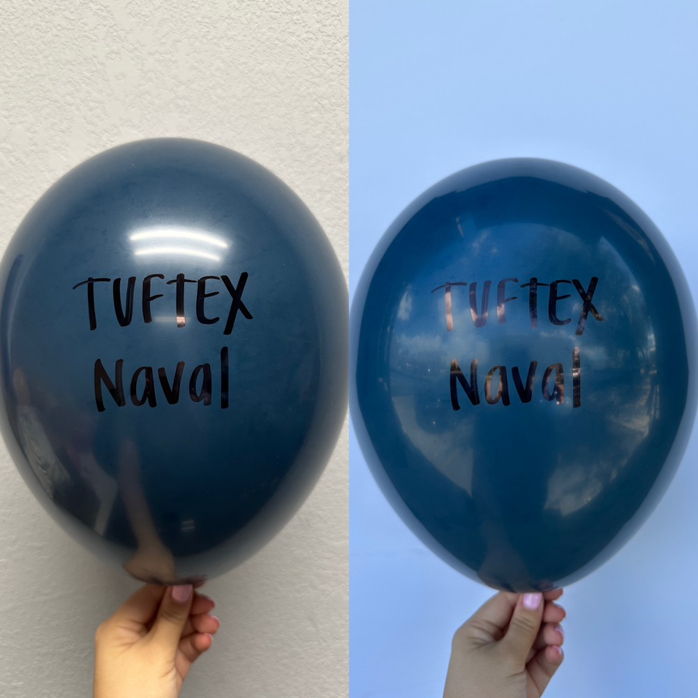 Two navy blue latex balloons with "Tuftex Naval" printed in black, held against neutral backgrounds.