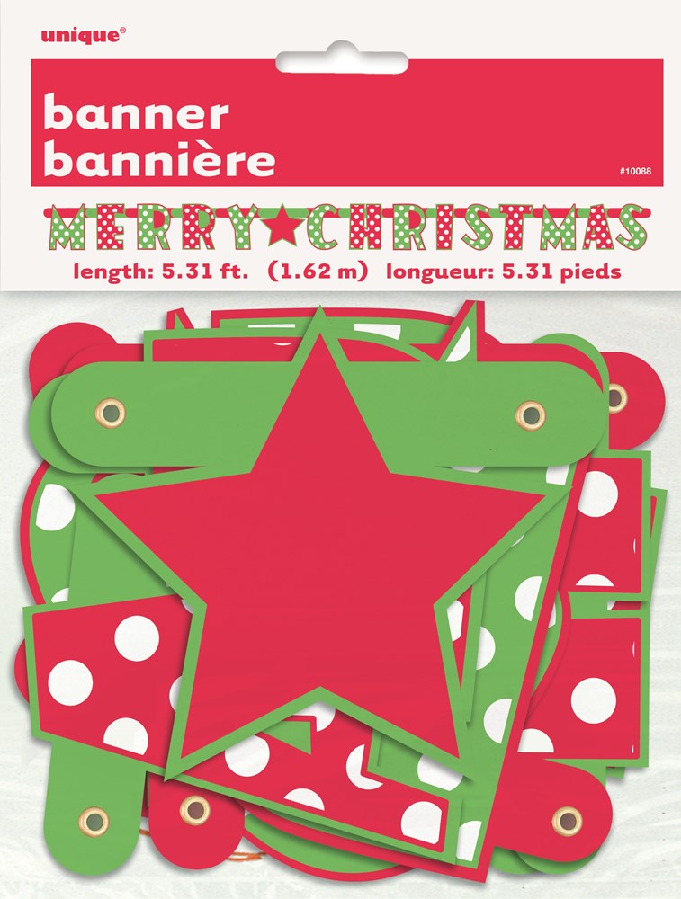 Christmas Dots Jointed Banner with red stars and green rectangles featuring white polka dots.
